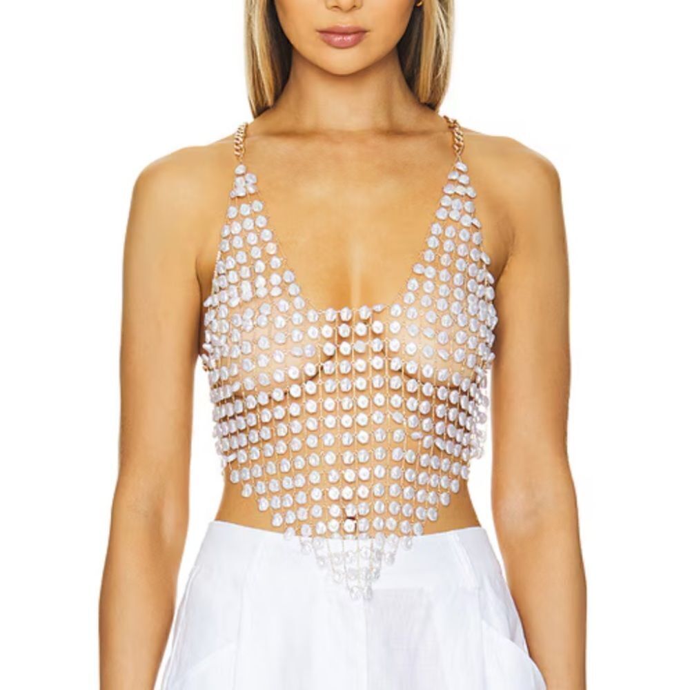 Camila Coelho Monica Shell Top White Pearl chainmail gold chain Revolve NEW